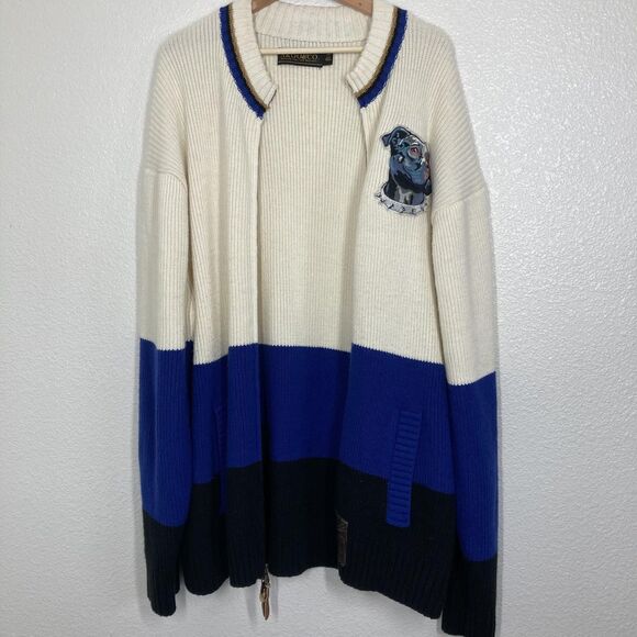 Akoo & Co Sweater Mens 4XL Blue cream Black Full Zip Knit Dog Patch Elbow Pads - Picture 11 of 16